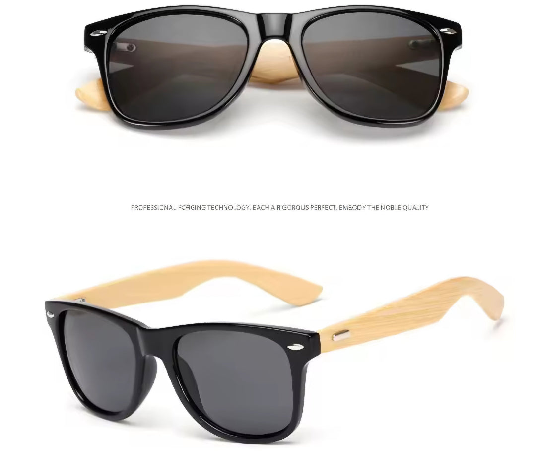 Personalisierte Sonnenbrille aus Bambus mit Gravur Foto Ansich von Vorne und Seite ohne Gravur - Meisenberger Laser & Gravur