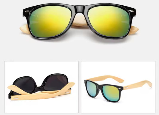 Sonnenbrille Gelbes Glas Bambus Bügel mit Personalisierter Gravur Ansicht von vorne hinten und der seite - Meisenberger Laser & Gravur