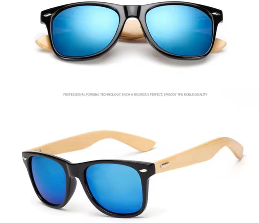 Sonnenbrille Blaues Glas Bambus Bügel mit Personalisierter Gravur Ansicht von vorne und von oben - Meisenberger Laser & Gravur